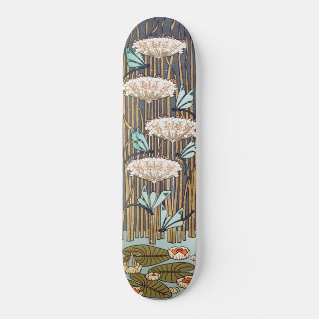 Dragonflies Water Lilies Marsh Art Nouveau Skateboard (Front)