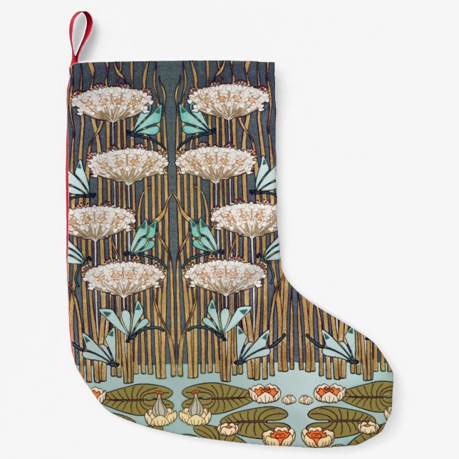 Dragonflies Water Lilies Marsh Art Nouveau Small Christmas Stocking (Front)