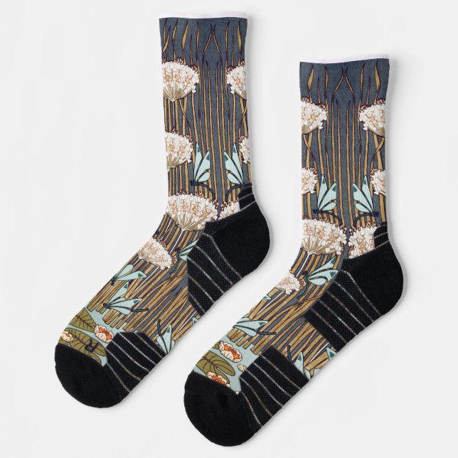 Dragonflies Water Lilies Marsh Art Nouveau Socks (Left)