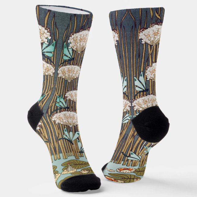 Dragonflies Water Lilies Marsh Art Nouveau Socks (Angled)