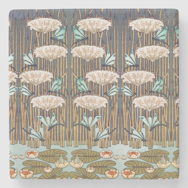 Dragonflies Water Lilies Marsh Art Nouveau Stone Coaster (Front)
