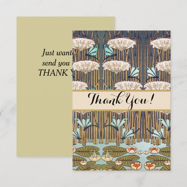 Dragonflies Water Lilies Marsh Art Nouveau Thank You Card (Front/Back)