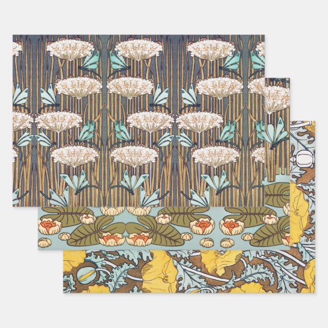 Dragonflies Water Lilies Marsh Art Nouveau Wrapping Paper Sheet (Set)