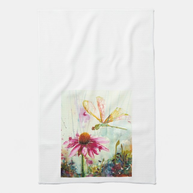 Dragonfly and Coneflower Dish Towel (Vertical)