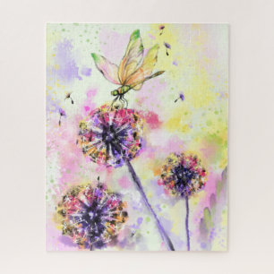 Dragonfly and Dandelions - Watercolor Painting  Jigsaw Puzzle