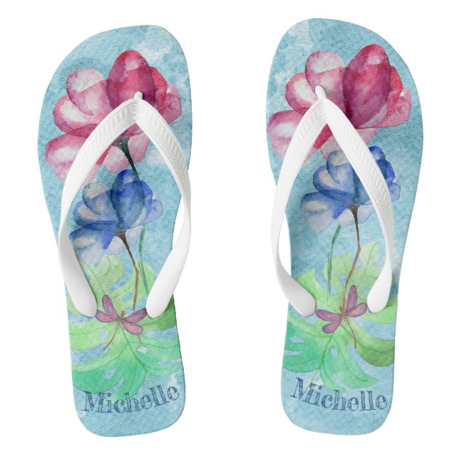 Dragonfly And Floral Watercolor Wash Flip Flops (Footbed)