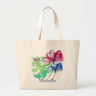 Dragonfly And Floral Watercolor Wash Large Tote Bag