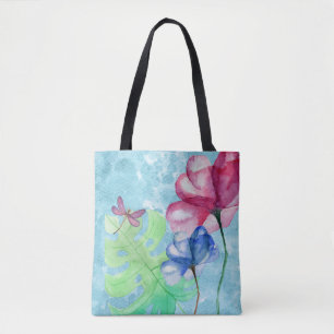 Dragonfly And Floral Watercolor Wash Tote Bag