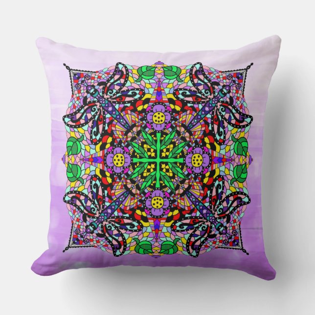 Dragonfly and Flower Themed Purple Colourful Cushion (Front)