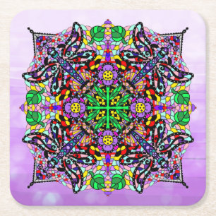 Dragonfly and Flower Themed Purple Colourful   Square Paper Coaster