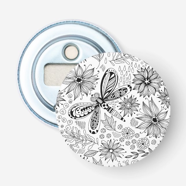 Dragonfly and flowers doodle bottle opener (Front)