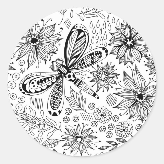 Dragonfly and flowers doodle classic round sticker (Front)