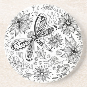 Dragonfly and flowers doodle coaster