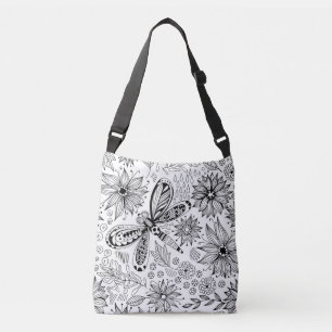 Dragonfly and flowers doodle crossbody bag