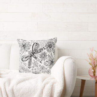 Dragonfly and flowers doodle cushion
