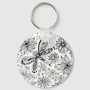 Dragonfly and flowers doodle key ring