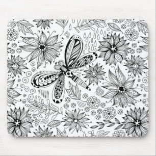 Dragonfly and flowers doodle mouse mat