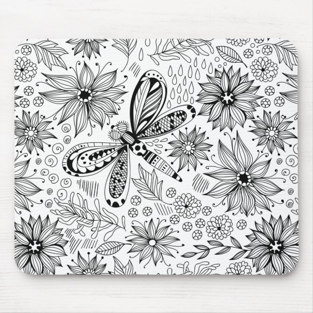 Dragonfly and flowers doodle mouse mat (Front)