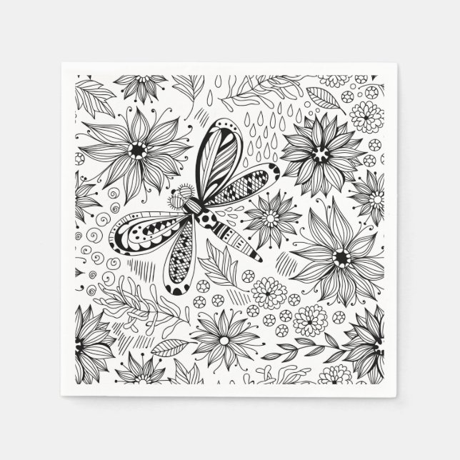 Dragonfly and flowers doodle napkin (Front)