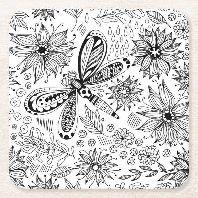 Dragonfly and flowers doodle square paper coaster (Front)