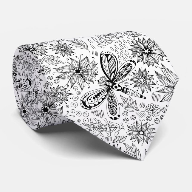 Dragonfly and flowers doodle tie (Rolled)