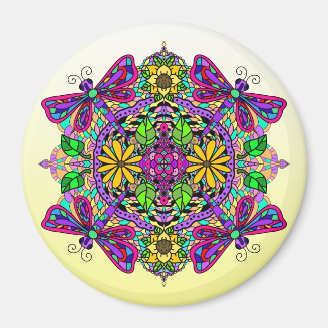 Dragonfly and Flowers Mandala Magnet (Front)