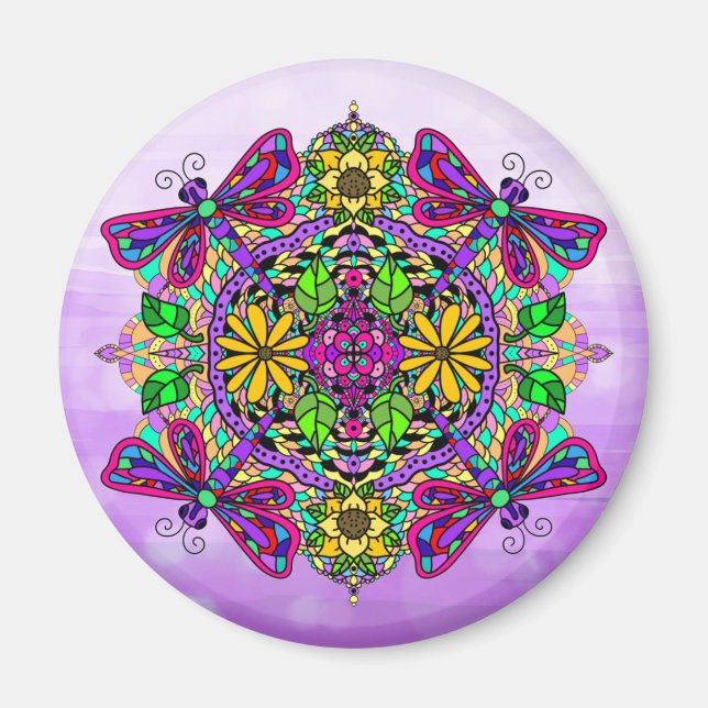Dragonfly and Flowers Mandala Magnet (Front)