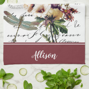Dragonfly and flowers personalised Kitchen Towels