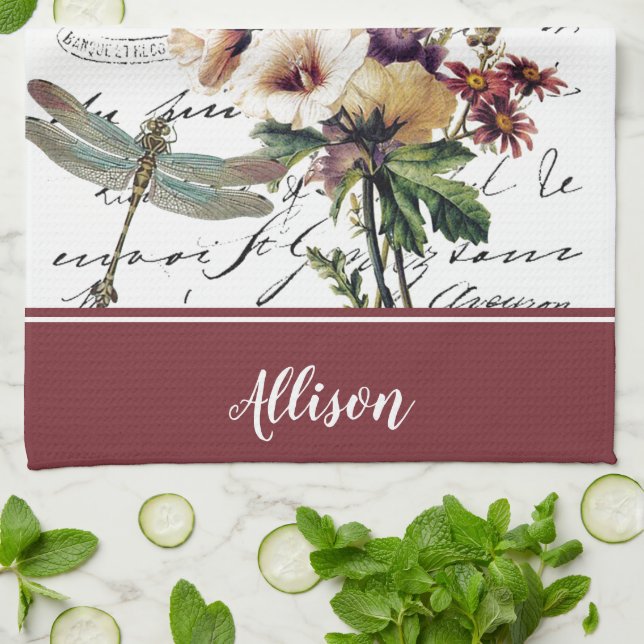 Dragonfly and flowers personalised Kitchen Towels (Folded)