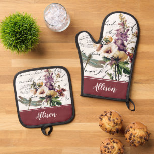 Dragonfly and flowers personalised Kitchen Towels Oven Mitt & Pot Holder Set