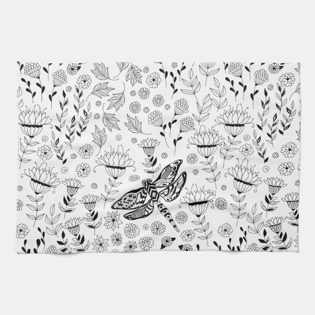 Dragonfly and flowers tea towel (Horizontal)