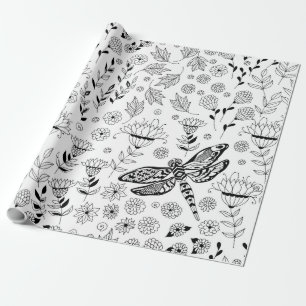 Dragonfly and flowers wrapping paper