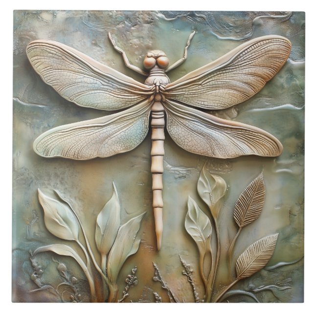Dragonfly and Foliage Faux Relief  Tile (Front)
