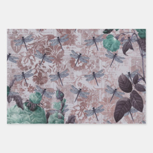 Dragonfly and Purple Floral Newsprint Wrapping Paper Sheet