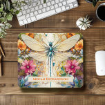 Dragonfly And Wildflowers With Name Mouse Mat<br><div class="desc">This beautiful mouse pad featuring a dragonfly and wild flowers is the perfect gift for anyone who loves these wonderful insects. The design features  a single dragonfly with flowers in orange and pink,  and would make a great personalised gift by changing the customisable name.</div>