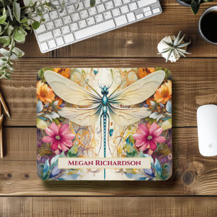 Dragonfly And Wildflowers With Name Mouse Mat