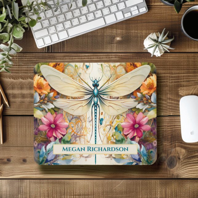 Dragonfly And Wildflowers With Name Mouse Mat (Creator Uploaded)
