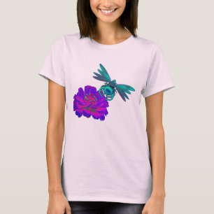 Dragonfly And Zinnia Flower  T-Shirt