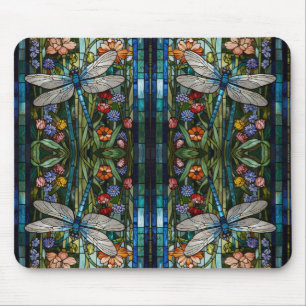Dragonfly art boho floral botanical stain glass mouse mat