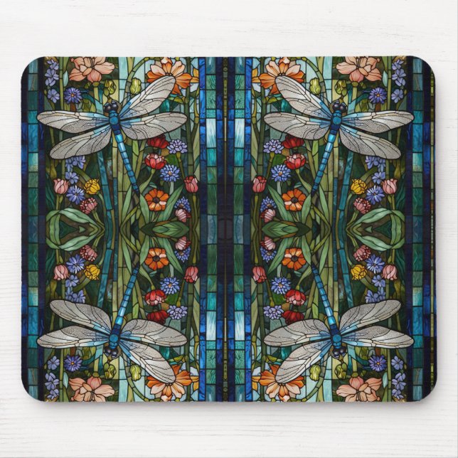 Dragonfly art boho floral botanical stain glass mouse mat (Front)