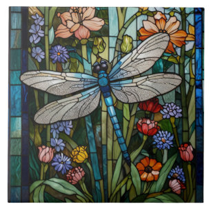 Dragonfly art boho floral botanical stain glass tile