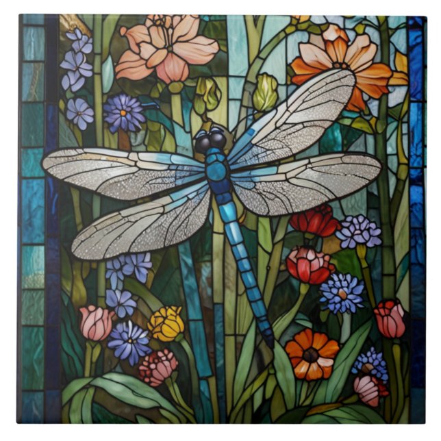 Dragonfly art boho floral botanical stain glass tile (Front)