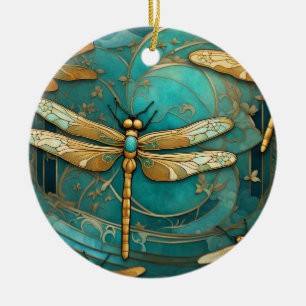 Dragonfly Art Nouveau Art Deco Teal & Gold Insects Ceramic Tree Decoration
