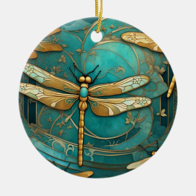 Dragonfly Art Nouveau Art Deco Teal & Gold Insects Ceramic Tree Decoration (Front)