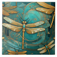 Dragonfly Art Nouveau Art Deco Teal & Gold Insects