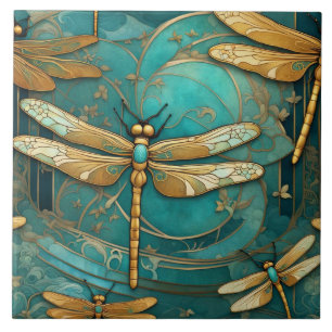 Dragonfly Art Nouveau Art Deco Teal & Gold Insects Tile