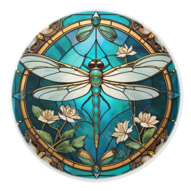 Dragonfly Art Nouveau Deco Aqua Blue Stained Glass Ceramic Knob (Front)