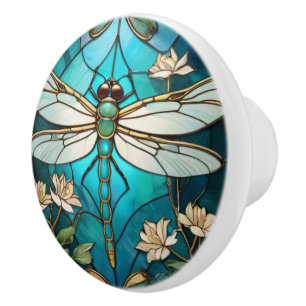 Dragonfly Art Nouveau Deco Aqua Blue Stained Glass Ceramic Knob