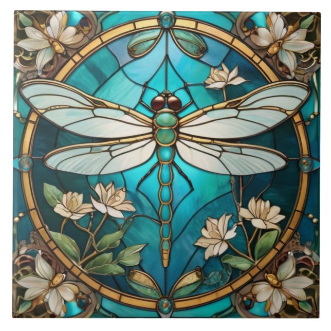Dragonfly Art Nouveau Deco Aqua Blue Stained Glass Tile (Front)