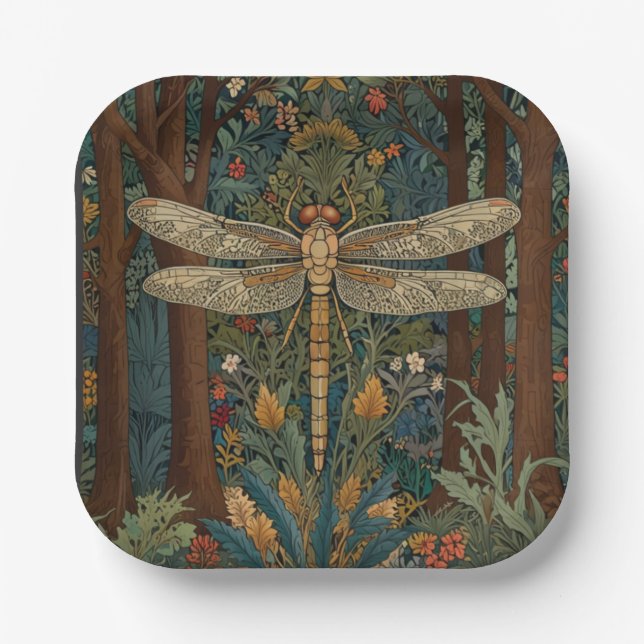 Dragonfly art painting botanical boho chic forest paper plate (Front)